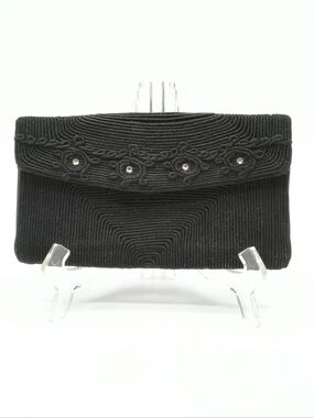 Vintage 1940s Black Cordé Envelope Clutch - MCM Evening Bag with Rhinestones